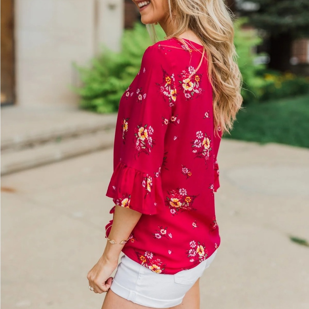NWT Fuchsia Floral Front-Tie Top‎ M - Picture 9 of 14